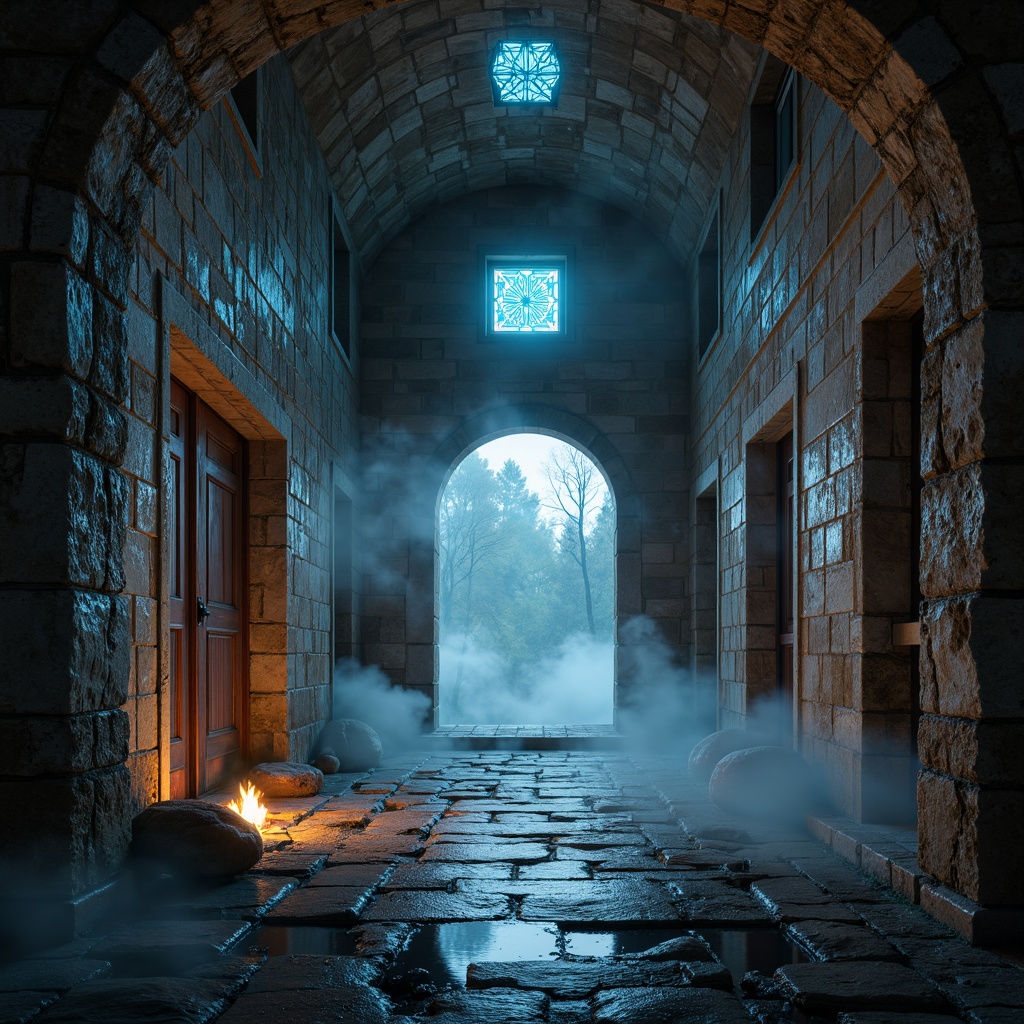 Prompt: Ancient monastery ruins, mystical aura, eerie mist, weathered stone walls, rustic wooden doors, futuristic neon accents, cyberpunk elements, sacred geometric patterns, metallic sheen, holographic illusions, luminescent fog, atmospheric lighting, 3/4 composition, shallow depth of field, panoramic view, realistic textures, ambient occlusion.