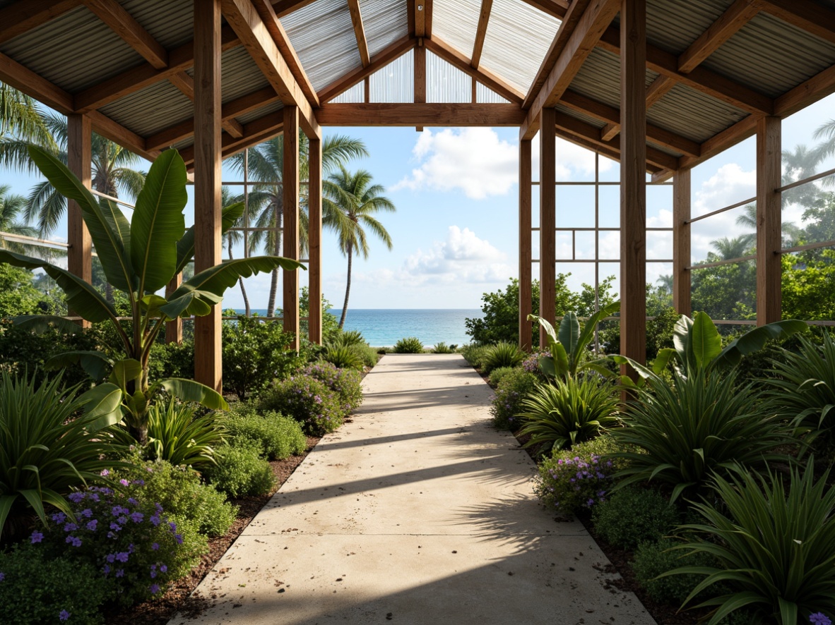 Prompt: \Coastal style greenhouse, abundant natural light, ocean views, rustic wooden frames, corrugated metal roofs, lush greenery, tropical plants, palm trees, sandy pathways, seaside atmosphere, soft warm lighting, shallow depth of field, 3/4 composition, panoramic view, realistic textures, ambient occlusion.\