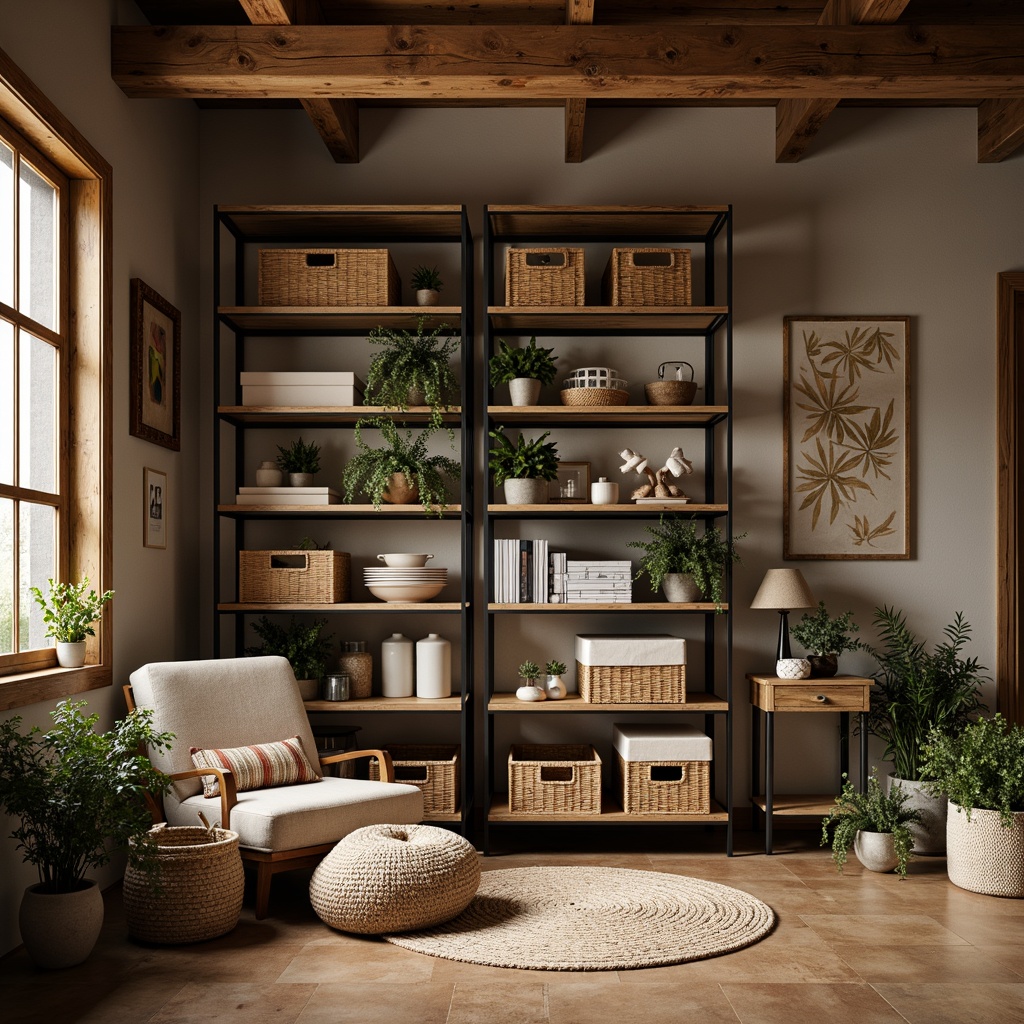 Prompt: Cozy storage room, rustic wooden crates, industrial metal shelves, woven wicker baskets, soft warm lighting, earthy color palette, natural textiles, plush area rugs, minimal ornamentation, functional decor, compact storage solutions, space-saving designs, multi-tiered shelving units, stackable plastic containers, labeled storage bins, calm atmosphere, shallow depth of field, 1/2 composition, realistic textures.