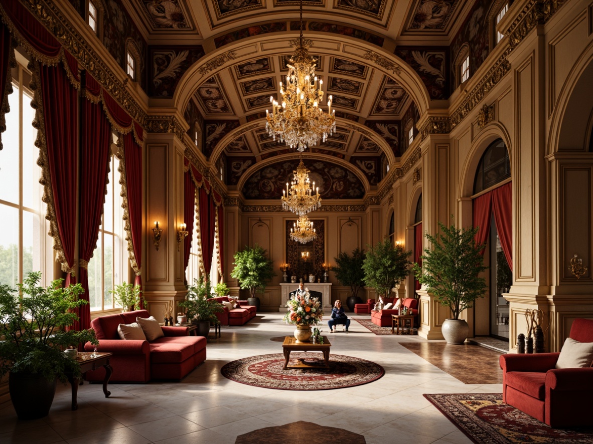 Prompt: Intricate carvings, ornate furnishings, lavish decorations, grand chandeliers, luxurious fabrics, velvet drapes, marble floors, gilded accents, majestic columns, ornamental moldings, exquisite craftsmanship, rich jewel tones, warm golden lighting, shallow depth of field, 1/1 composition, realistic textures, ambient occlusion.