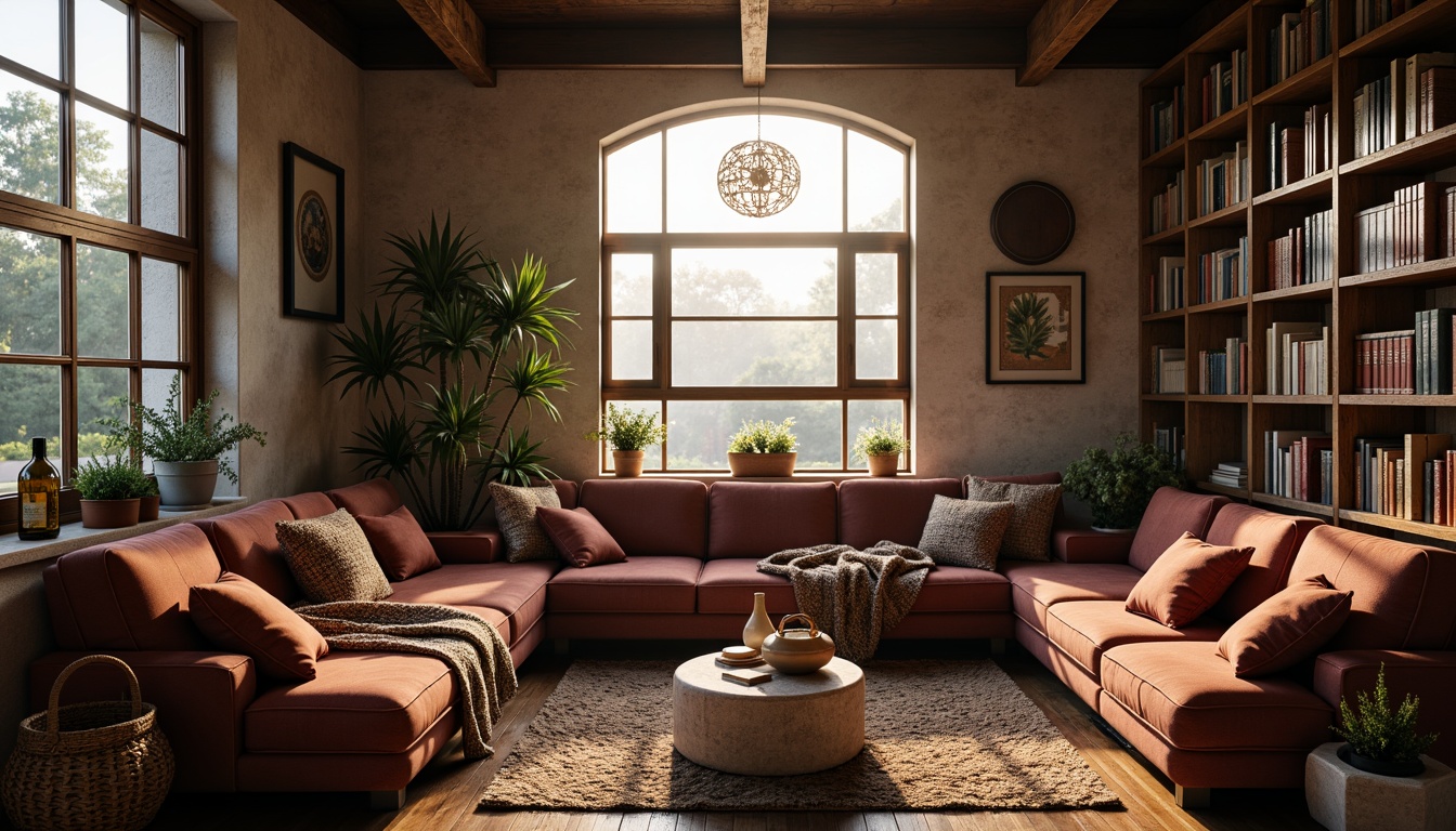 Prompt: Cozy reading nook, plush velvet sofas, soft lumbar pillows, chunky woven blankets, rustic wooden shelves, vintage book collections, warm golden lighting, atmospheric foggy morning, 1/2 composition, shallow depth of field, realistic fabric textures, ambient occlusion, natural stone walls, earthy color palette, organic shapes, eclectic decorative accents.