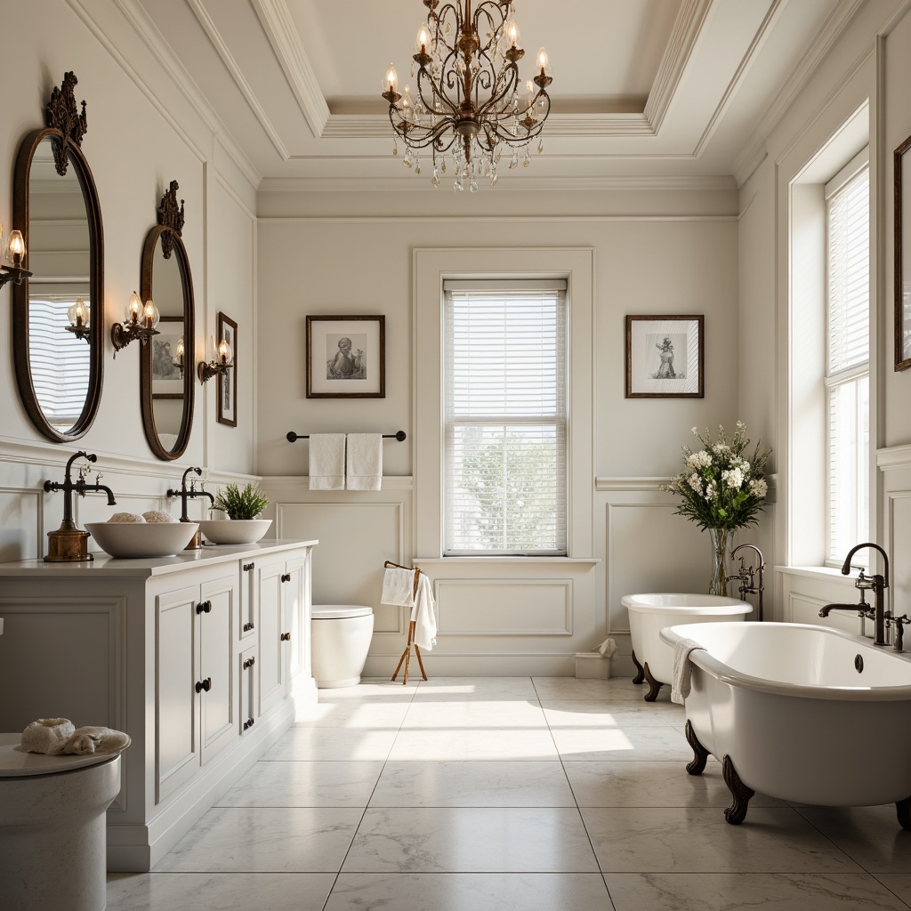 Prompt: Elegant bathroom suite, ornate faucets, crystal chandeliers, white Carrara marble countertops, freestanding tubs, vintage-inspired sink basins, classic pedestal sinks, decorative mirrors, antique bronze hardware, soft warm lighting, subtle shading, 1/1 composition, realistic textures, ambient occlusion.