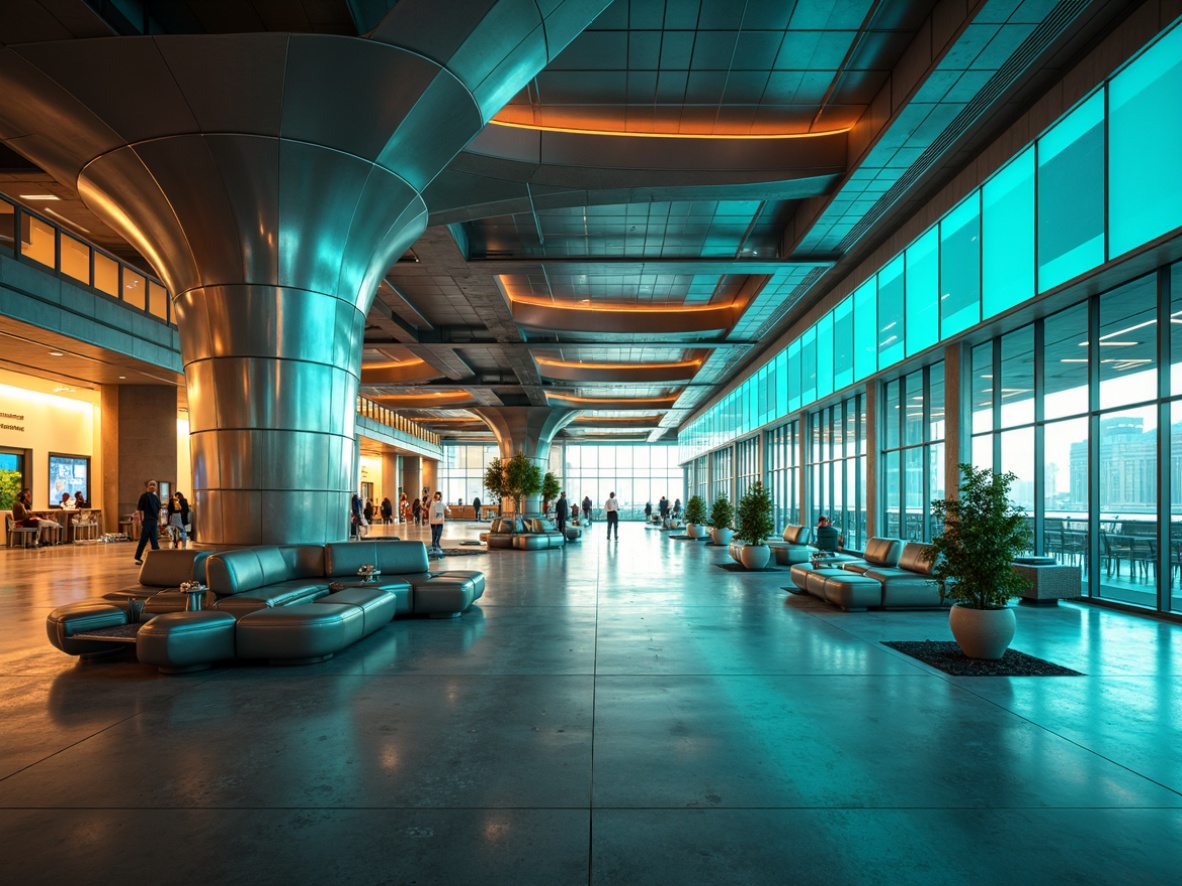 Prompt: Futuristic airport interior, sleek metal surfaces, neon-lit accents, LED light strips, holographic displays, aerodynamic shapes, minimalist seating areas, polished concrete floors, metallic silver walls, iridescent glass partitions, vibrant turquoise highlights, electric blue undertones, warm golden lighting, atmospheric misting systems, spacious open layouts, 3/4 composition, shallow depth of field, realistic reflections, ambient occlusion.