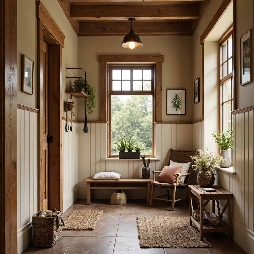 Prompt: Cozy mudroom, rustic wooden accents, earthy brown tones, natural stone flooring, woven baskets, plush area rugs, warm beige walls, rich wood furniture, soft cream-colored trim, calming botanical prints, vintage outdoor gear, distressed metal decor, warm task lighting, shallow depth of field, 2/3 composition, inviting atmosphere.