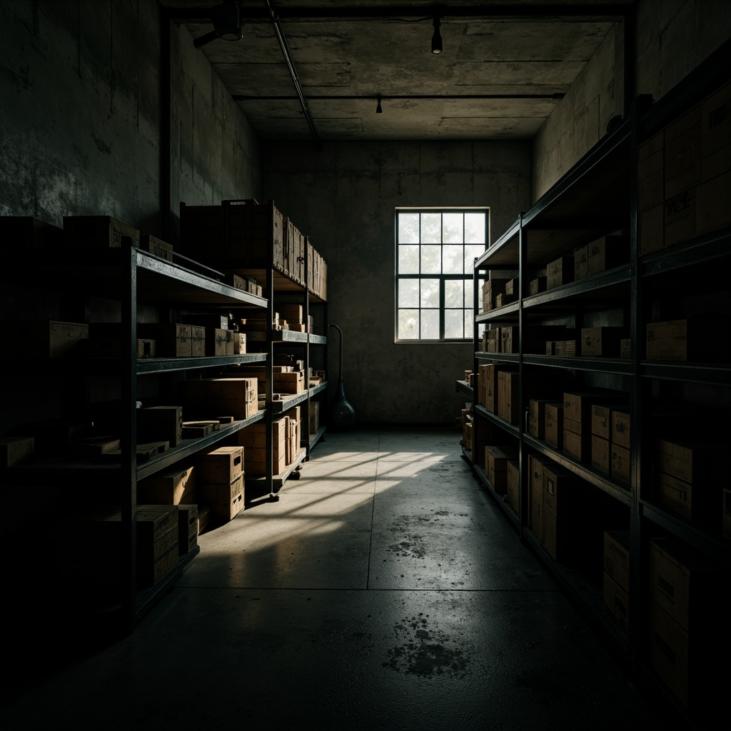 Prompt: Dimly lit storage room, atmospheric shadows, eerie ambiance, expressionist lighting, bold contrasts, high-contrast ratios, dramatic spotlights, muted color palette, industrial metal shelving, distressed concrete walls, weathered wooden crates, mysterious darkness, low-key lighting, cinematic mood, intense focal points, avant-garde composition, abstract silhouettes, experimental textures, moody reflections.