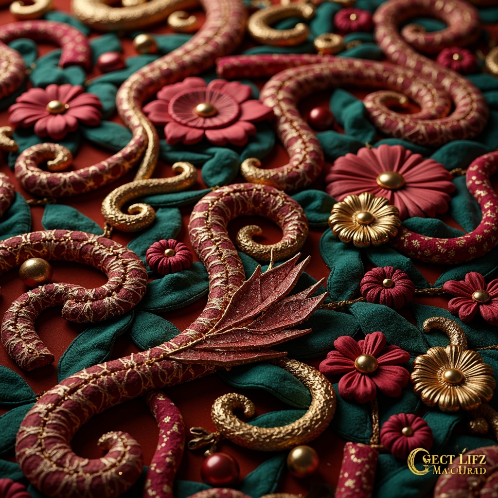 Prompt: Intricate floral patterns, curved organic shapes, sinuous lines, luxurious velvet fabrics, rich jewel-toned colors, ornate metallic accents, delicate lace details, whimsical botanical motifs, elegant silk textures, soft warm lighting, shallow depth of field, 3/4 composition, panoramic view, realistic renderings, ambient occlusion.