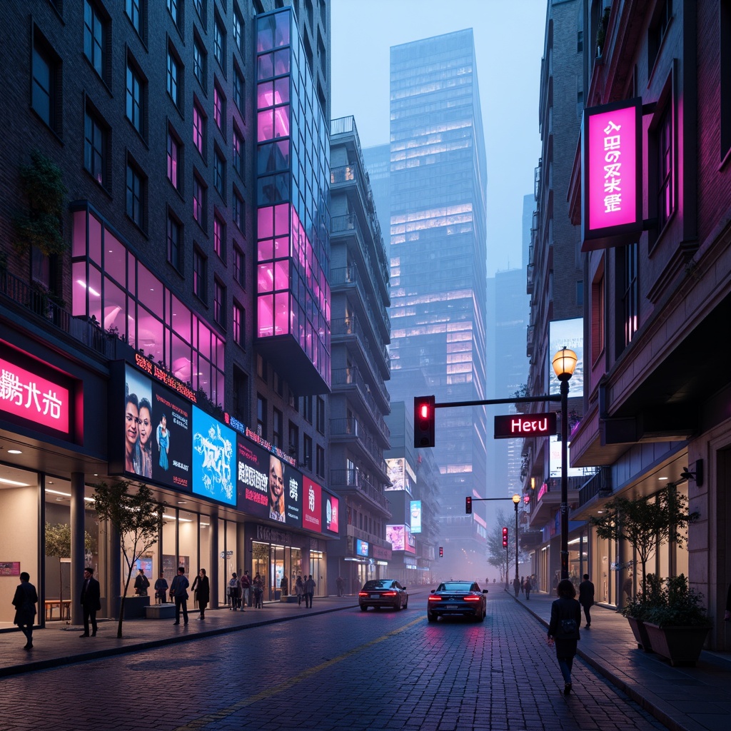 Prompt: Futuristic cityscape, neon-lit skyscrapers, metallic sheen, iridescent hues, holographic displays, cyberpunk ambiance, dark alleys, glowing streetlights, LED advertisements, vibrant pink and blue tones, electric blue accents, chrome finishes, glassy reflections, high-tech architecture, minimalist interior design, geometric patterns, 3D-printed structures, atmospheric fog, misty dawn, cinematic lighting, shallow depth of field, wide-angle lens, futuristic typography.