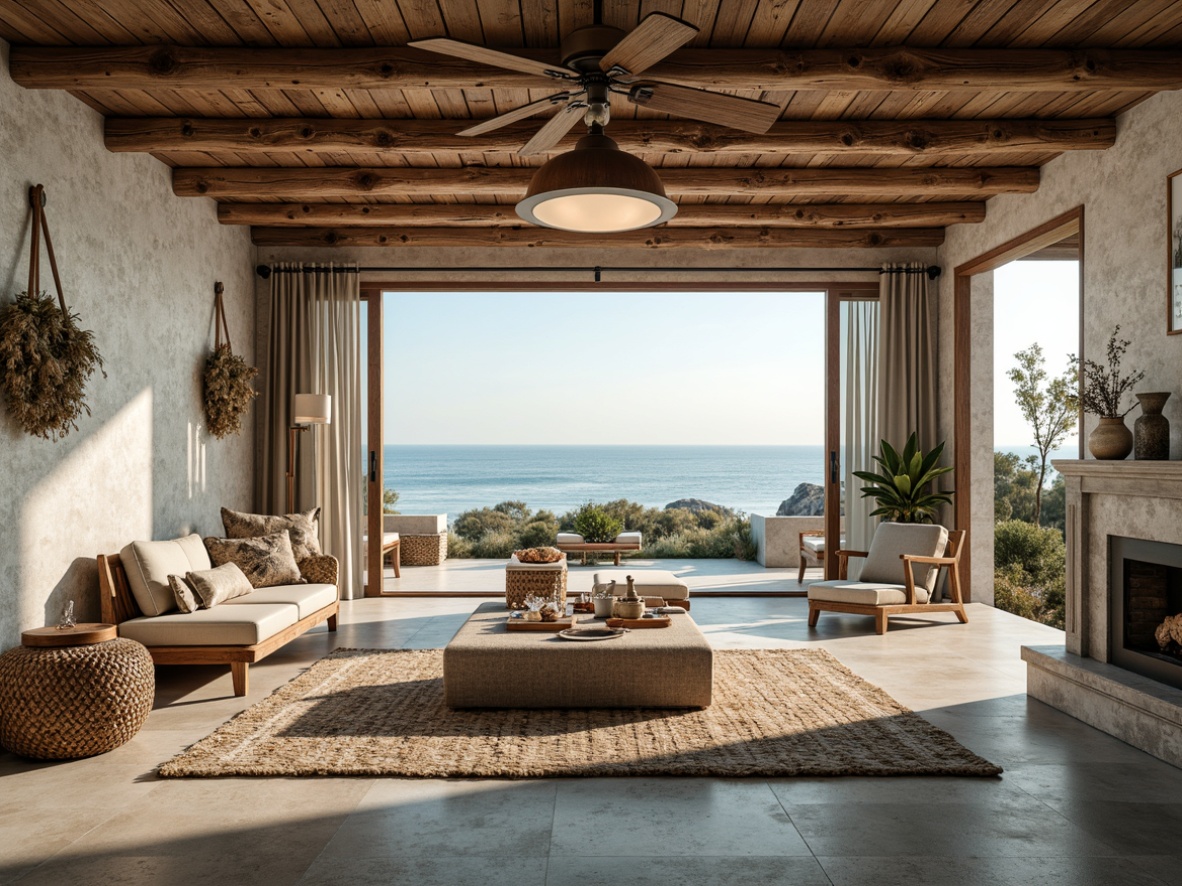 Prompt: Weathered wooden accents, driftwood decorations, ocean-inspired color palette, soft sandy neutrals, calming blue hues, natural stone flooring, woven sea grass textiles, coral-patterned ceramics, rustic nautical ropes, distressed wood furniture, vintage maritime artifacts, serene ocean views, large windows, sliding glass doors, warm sunlight, gentle breezy atmosphere, 1/1 composition, realistic textures, ambient occlusion.