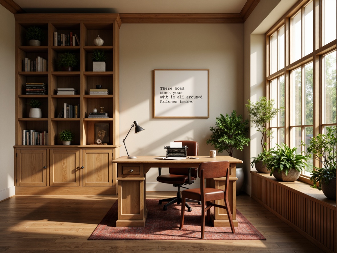 Prompt: Traditional wooden desk, comfortable ergonomic chair, bookshelves with leather-bound tomes, vintage typewriter, inspirational quotes, warm beige walls, soft natural lighting, cozy reading nook, green plants, minimalist decorative items, organized storage cabinets, classic framed artwork, sophisticated color palette, elegant floor lamps, peaceful atmosphere, shallow depth of field, 1/1 composition, realistic textures, ambient occlusion.