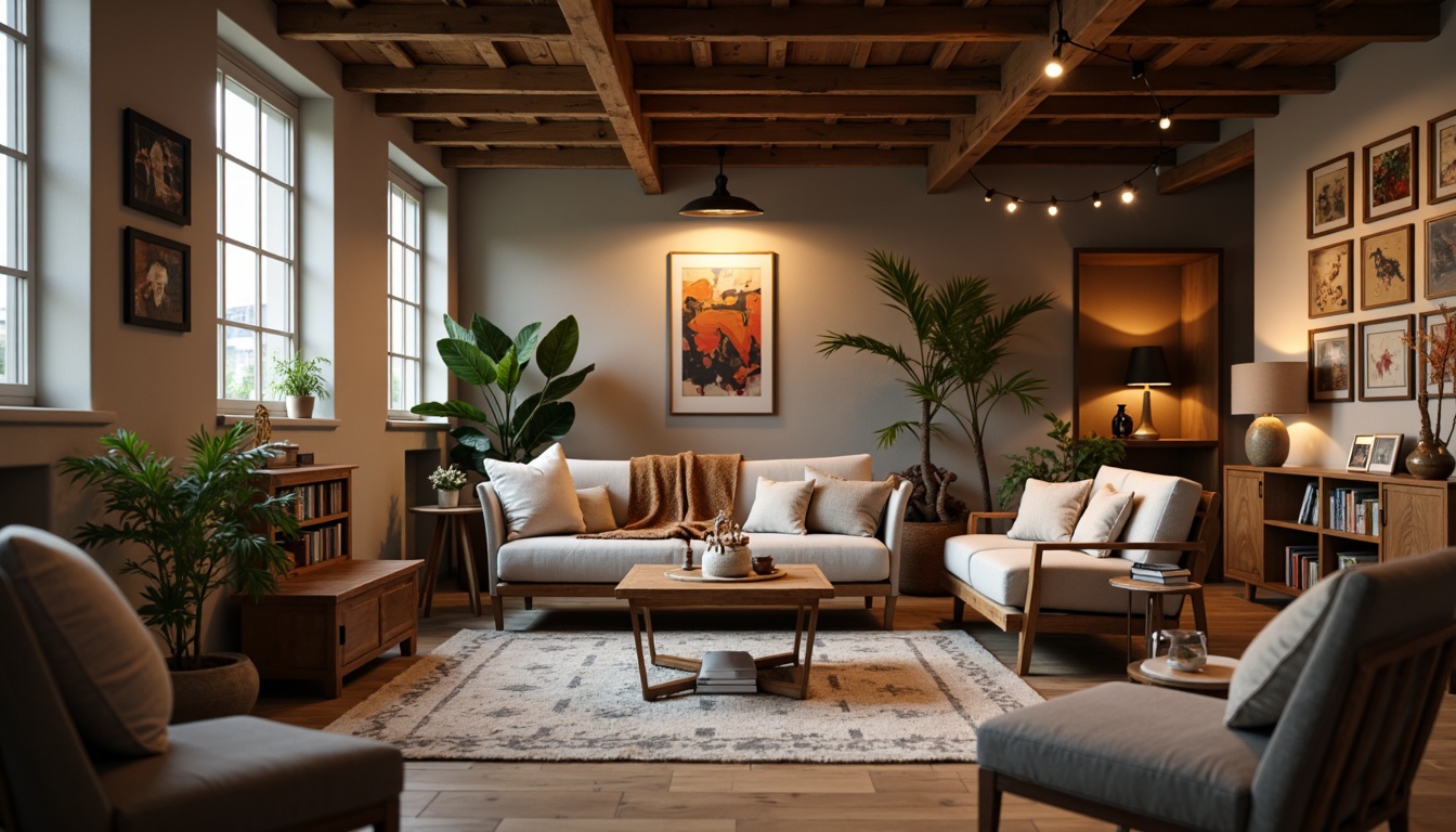 Prompt: Cozy loft, warm textiles, soft throw blankets, plush area rugs, comfortable pillows, inviting sofas, natural wood accents, rustic metal beams, earthy tone colors, warm lighting, ambient atmosphere, shallow depth of field, 3/4 composition, realistic textures, soft focus effect.