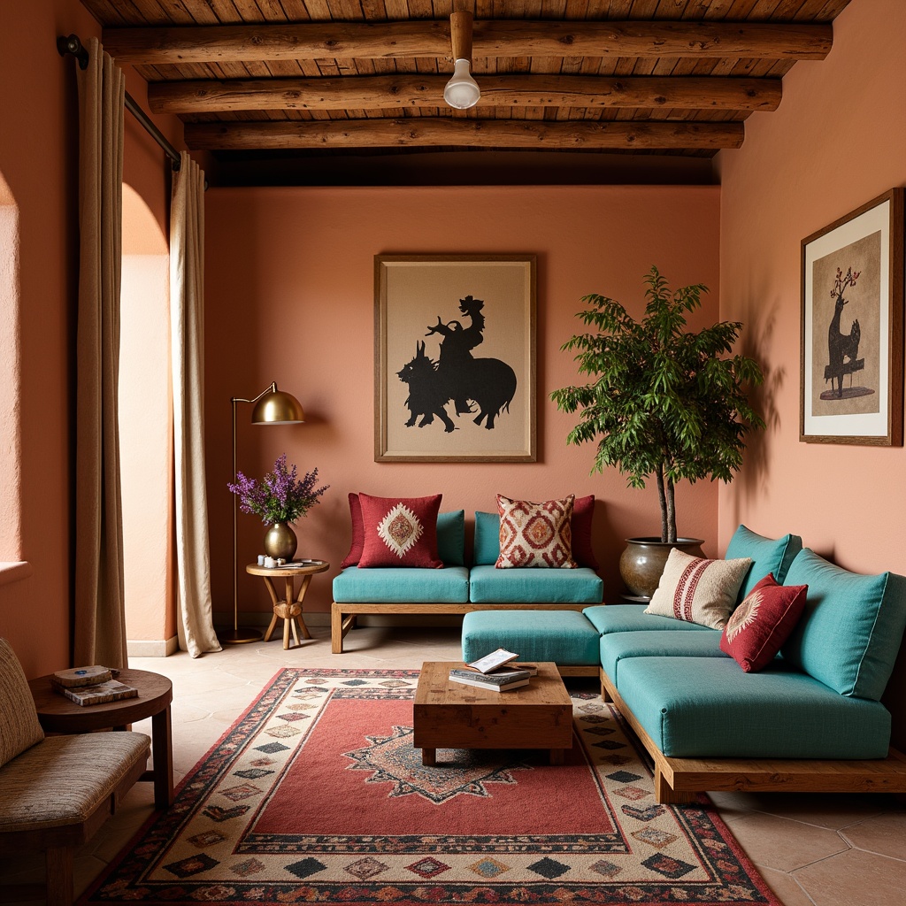 Prompt: Vibrant turquoise accents, earthy terracotta tones, woven Native American-inspired textiles, patterned rugs, geometric kilim pillows, southwestern-style wooden furniture, rustic headboards, adobe-colored walls, natural fiber drapes, vintage Navajo blankets, soft warm lighting, cozy reading nooks, intimate scale, 1/1 composition, shallow depth of field, realistic textures.