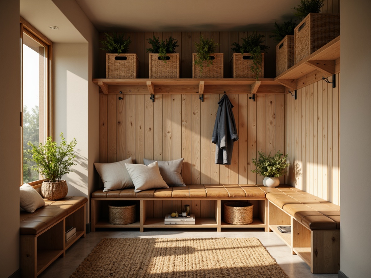 Prompt: Cozy mudroom, warm earthy tones, natural wood accents, soft beige walls, rich brown leather benches, woven wicker storage bins, plush area rugs, calming greenery, vintage metal hooks, distressed wooden shelves, warm golden lighting, shallow depth of field, 2/3 composition, rustic textures, ambient occlusion.