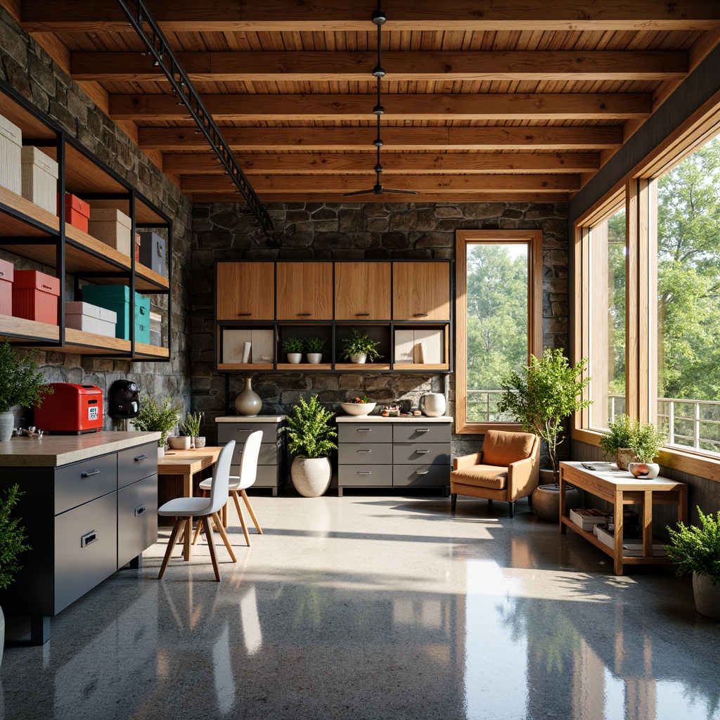 Prompt: Cozy family garage, rustic wooden accents, industrial-style metal shelving, vibrant color-coded storage bins, sleek modular cabinets, overhead track systems, epoxy-coated floors, natural stone walls, large windows, soft warm lighting, shallow depth of field, 3/4 composition, realistic textures, ambient occlusion.