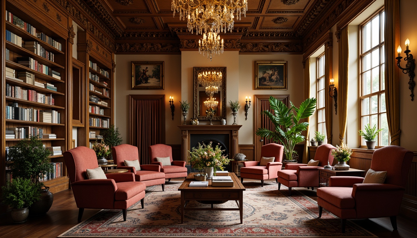 Prompt: Richly ornamented bookshelves, intricately carved wooden fixtures, plush velvet armchairs, ornate golden lamps, distressed leather sofas, vintage-inspired bookstands, dark-stained wooden flooring, warm beige walls, tall ceilings with decorative molding, grand chandeliers, richly patterned rugs, luxurious drapery, antique-style clocks, polished brass accents, soft warm lighting, shallow depth of field, 1/2 composition, atmospheric rendering, realistic textures.