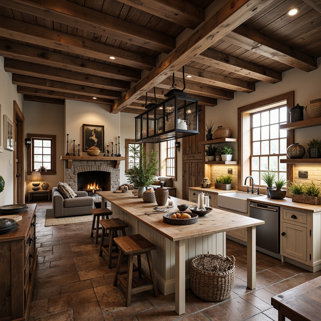 Prompt: Rustic farmhouse interior, vintage metal lanterns, distressed wood accents, earthy color palette, natural textiles, woven baskets, antique furniture pieces, classic country decor, warm soft lighting, cozy atmosphere, traditional cabinetry, wooden beams, stone fireplaces, brick walls, natural materials, organic shapes, eclectic accessories, nostalgic feel, aged finishes, worn edges, farmhouse sink, apron-front cabinets.