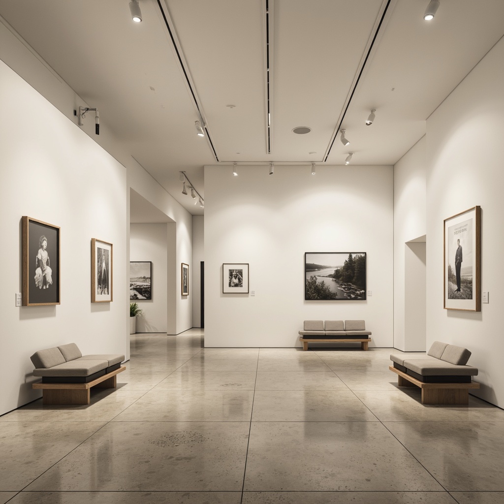 Prompt: Monochromatic gallery space, minimalistic decor, creamy white walls, polished concrete floors, neutral tone furniture, subtle wood accents, matte black frames, soft warm lighting, gentle shadows, shallow depth of field, 1/1 composition, realistic textures, ambient occlusion, calm atmosphere, serene ambiance.