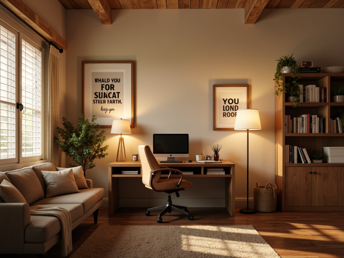 Prompt: Cozy home office, warm beige walls, wooden desk, comfortable ergonomic chair, softbox lighting, floor lamps, table lamps, warm white LED lights, natural light filtering through blinds, calm atmosphere, organized workspace, inspiring artwork, motivational quotes, minimal decor, functional shelving, textured rug, earthy color palette, subtle scents, inviting ambiance, 3/4 composition, shallow depth of field, realistic textures, ambient occlusion.