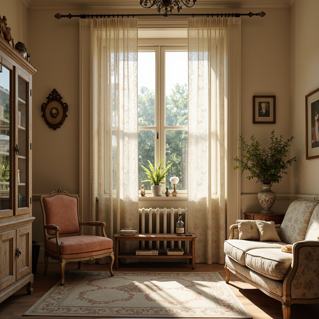 Prompt: Soft morning light, warm beige walls, distressed wooden furniture, vintage decorative accents, lace curtains, floral patterns, pastel pink and baby blue hues, creamy whites, soft sage greens, worn leather upholstery, rustic metal fixtures, antique china cabinets, delicate porcelain vases, ornate picture frames, natural woven fibers, subtle texture overlays, shallow depth of field, 1/2 composition, warm golden lighting, inviting atmosphere.