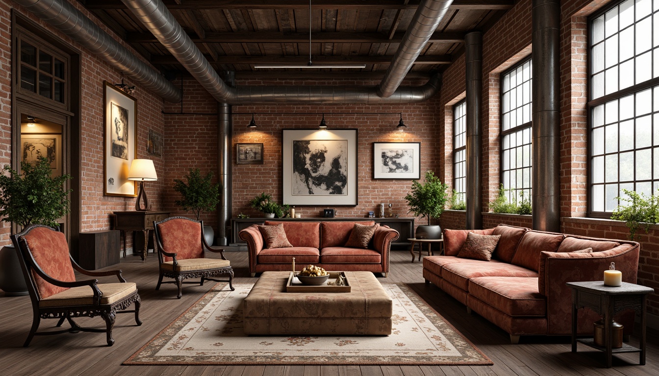 Prompt: Industrial warehouse setting, exposed brick walls, metal beams, reclaimed wood floors, ornate Art Nouveau details, flowing organic lines, elegant curved shapes, luxurious velvet fabrics, rich wooden tones, metallic accents, statement lighting fixtures, oversized windows, natural light pouring in, eclectic mix of vintage and modern furniture pieces, plush sectional sofas, ornamental coffee tables, intricately carved wooden chairs, distressed leather ottomans, industrial-chic metal desks, decorative floor lamps, abstract artwork, warm earthy color palette, soft warm lighting, shallow depth of field, 3/4 composition, atmospheric rendering.