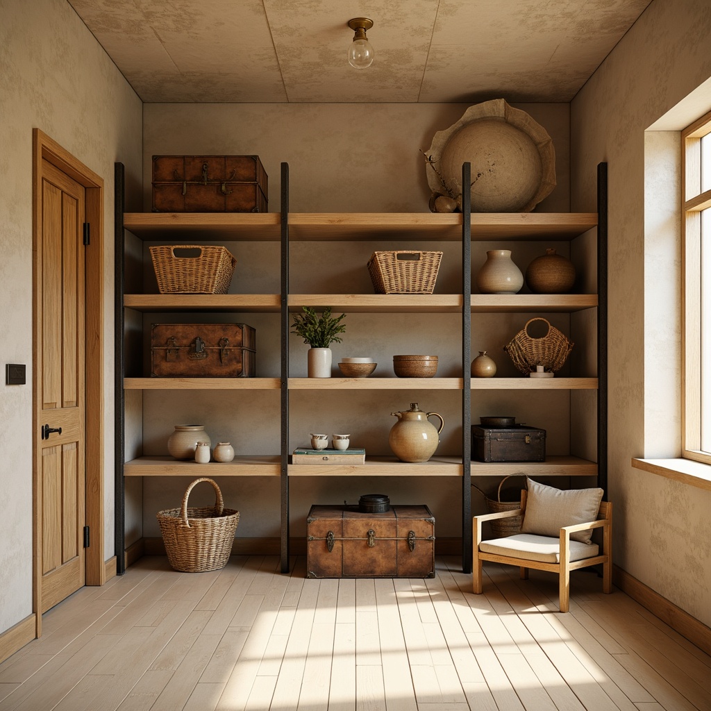 Prompt: Cozy storage room, warm beige walls, soft cream flooring, rustic wooden shelves, industrial metal racks, woven wicker baskets, vintage trunks, minimalist decor, calming ambiance, softbox lighting, shallow depth of field, 1/2 composition, realistic textures, ambient occlusion.