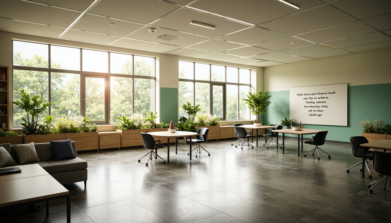 Prompt: Well-lit classroom, abundant natural light, floor-to-ceiling windows, minimal shading devices, bright color scheme, modern furniture, ergonomic chairs, collaborative learning spaces, interactive whiteboards, inspirational quotes, green walls, air-purifying plants, soft diffused lighting, 1/2 composition, shallow depth of field, warm atmosphere, inviting ambiance.