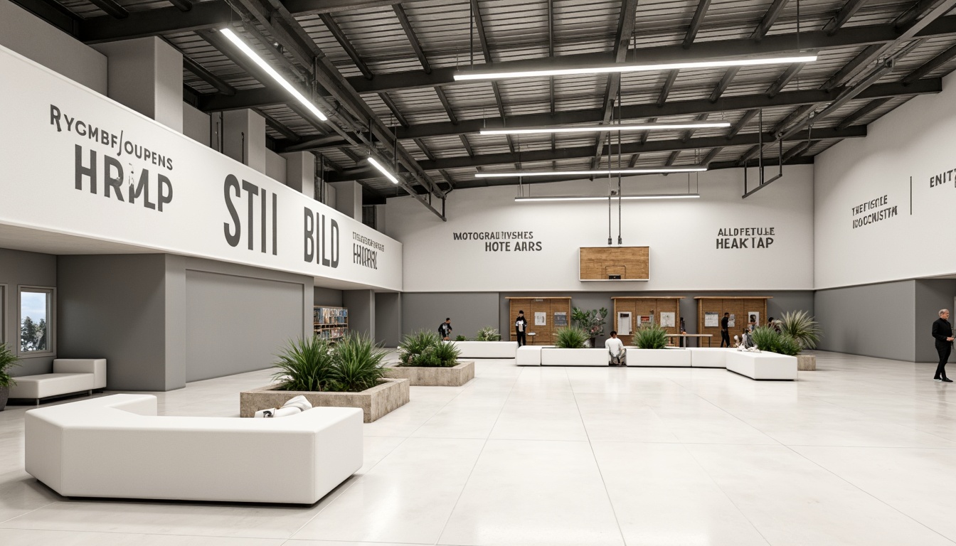 Prompt: Monochromatic gymnasium interior, minimalistic design, neutral color palette, soft gray walls, creamy white floors, industrial-style metal beams, sleek wooden accents, modern LED lighting, bold typography, motivational quotes, athletic equipment displays, sparse greenery, natural stone features, subtle texture contrasts, shallow depth of field, 1/1 composition, realistic renderings, ambient occlusion.