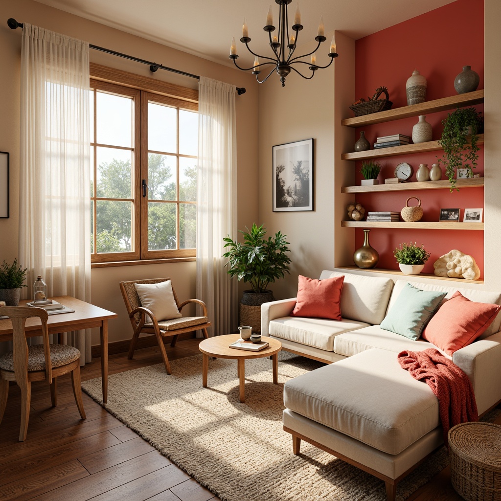 Prompt: Vibrant craft room, warm beige walls, rich wood tones, pops of bright coral, soft mint green accents, creamy white furniture, natural textiles, woven baskets, eclectic decorative objects, abundant natural light, sheer curtains, softbox lighting, cozy reading nook, 1/1 composition, intimate atmosphere, realistic shadows, ambient occlusion.