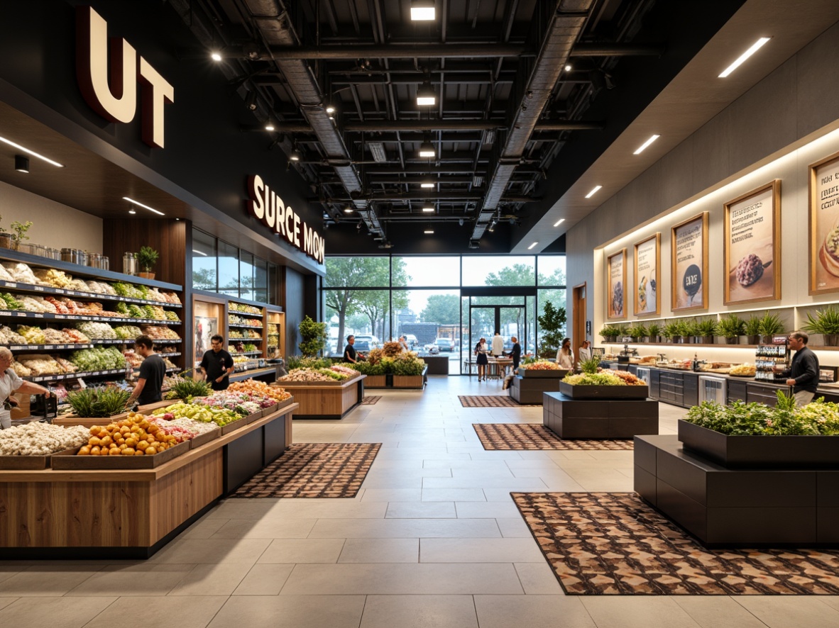 Prompt: Modern grocery store interior, sleek signage, minimalist typography, polished metal shelves, fresh produce displays, crisp LED lighting, wooden accents, industrial-style flooring, neutral color palette, open ceiling, exposed ductwork, streamlined checkout counters, geometric patterned rugs, urban chic atmosphere, morning natural light, shallow depth of field, 1/1 composition, realistic textures, ambient occlusion.