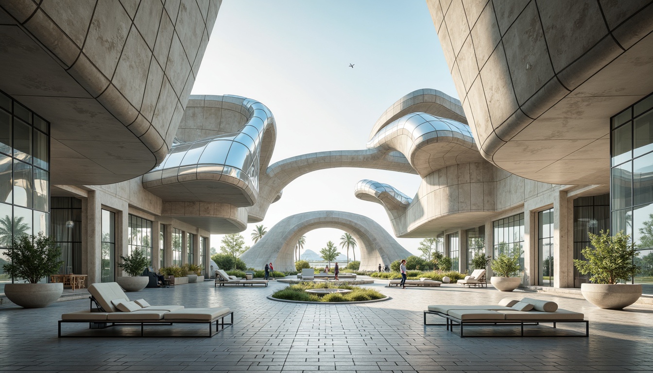 Prompt: Organic architecture, flowing curves, soft rounded edges, futuristic aesthetic, sleek metallic materials, iridescent glass facades, undulating roofs, winding staircases, spiral columns, minimalist decor, calming ambiance, natural lighting, soft shadows, shallow depth of field, 3/4 composition, panoramic view, realistic textures, ambient occlusion.