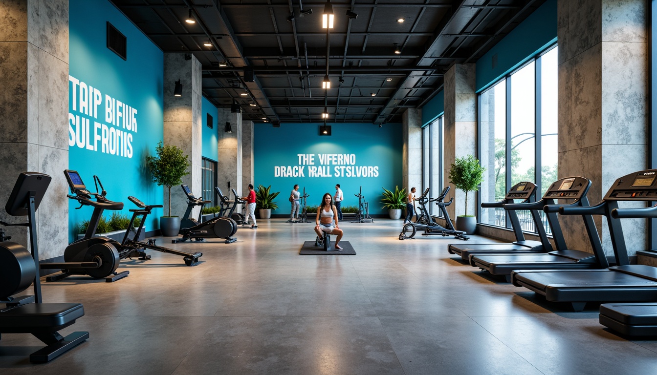 Prompt: Vibrant fitness club, light blue accent walls, energetic atmosphere, state-of-the-art equipment, motivational quotes, sleek flooring, modern architecture, spacious interior, natural stone columns, warm lighting, shallow depth of field, 3/4 composition, panoramic view, realistic textures, ambient occlusion.