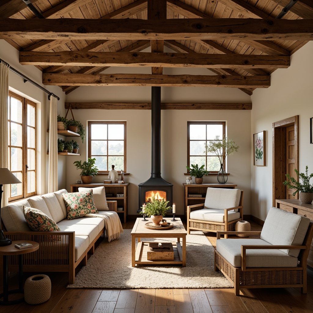 Prompt: Rustic farmhouse interior, warm earthy tones, soft creamy whites, weathered wooden beams, distressed brick walls, vintage metal accents, natural linen fabrics, woven wicker furniture, floral patterns, botanical prints, cozy candlelight, warm golden lighting, shallow depth of field, 1/1 composition, intimate atmosphere, realistic textures, ambient occlusion.