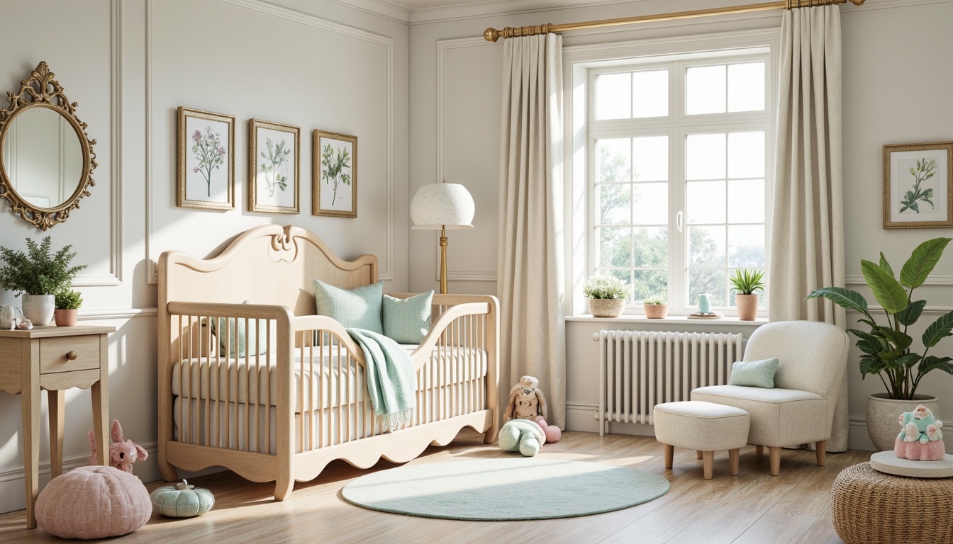 Prompt: Whimsical nursery, soft pastel hues, creamy whites, pale pinks, baby blues, minty greens, warm beiges, ornate furniture, flowing curves, organic shapes, botanical patterns, delicate florals, intricate moldings, vintage-inspired decor, distressed finishes, subtle sheen, gentle lighting, dreamy atmosphere, romantic accents.