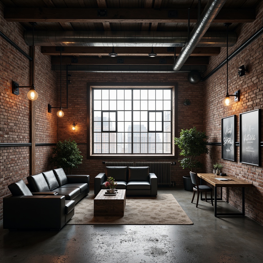 Prompt: Exposed brick walls, industrial pipes, metal beams, reclaimed wood accents, distressed concrete floors, urban cityscape views, modern minimalist decor, functional factory windows, Edison bulb lighting, rugged steel furniture, raw unfinished textures, monochromatic color scheme, high-contrast shadows, dramatic spotlights, cinematic composition, gritty realistic render.