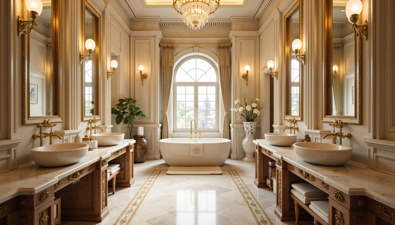 Prompt: Elegant bathroom, ornate fixtures, golden faucets, marble countertops, soft creamy lighting, warm beige tones, classic symmetrical compositions, intricately carved wooden cabinetry, ornamental mirrors, lavish chandeliers, porcelain sink basins, decorative ceramic tiles, subtle texture contrasts, shallow depth of field, 1/1 composition, realistic reflections, ambient occlusion.