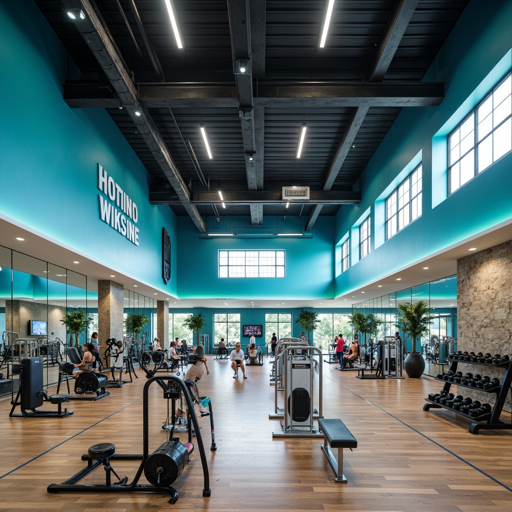 Prompt: Vibrant fitness club, calming light blue walls, energetic workout equipment, motivational quotes, modern LED lighting, polished metal accents, sleek wooden floors, refreshing atmosphere, natural stone features, minimalist decor, high ceilings, spacious open areas, dynamic 3/4 composition, shallow depth of field, panoramic views, realistic textures, ambient occlusion.