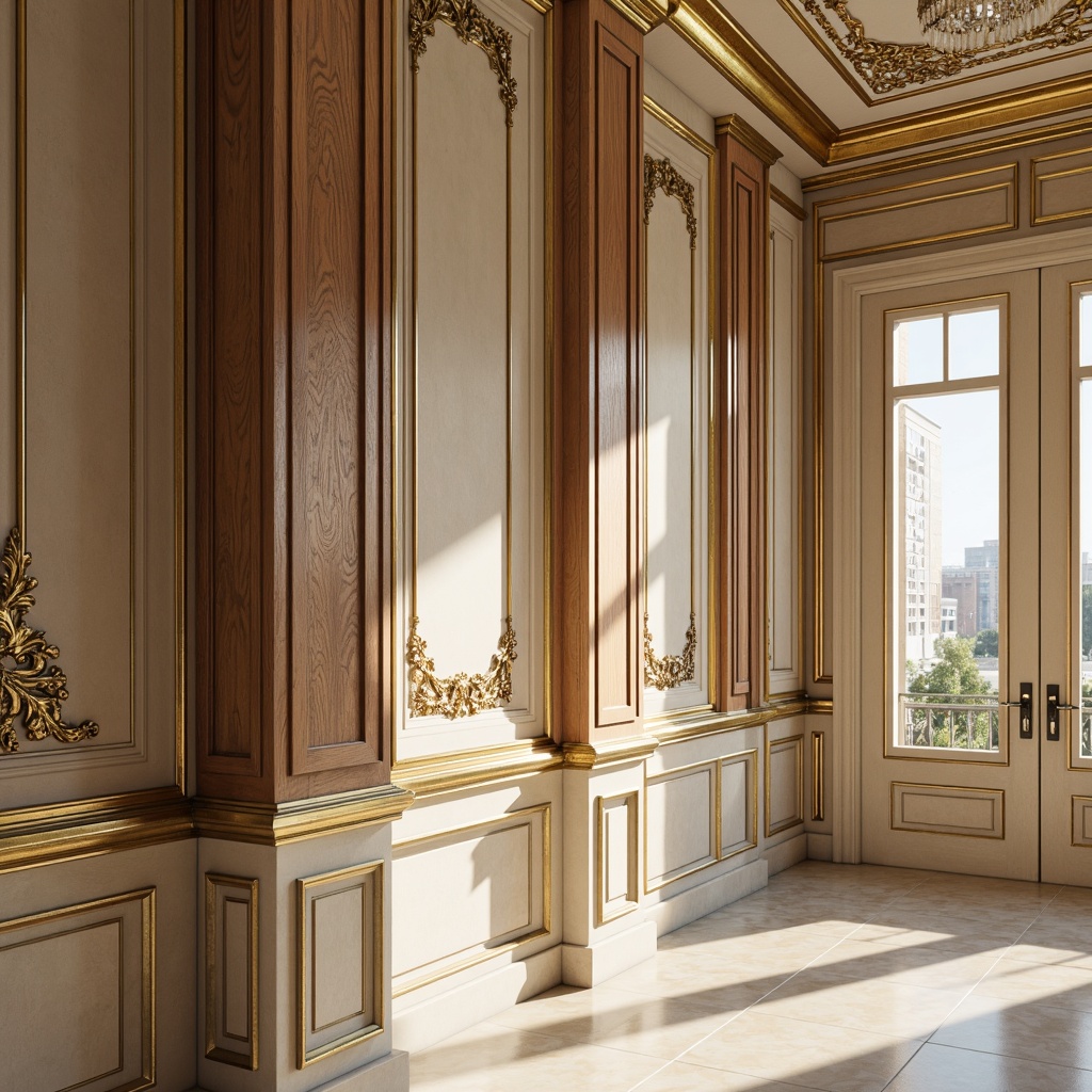 Prompt: Ornate wall paneling, rich wood tones, gold leaf accents, elegant molding details, cream-colored marble surfaces, subtle texture variations, sophisticated neutral color palette, refined plasterwork, ornamental ceiling fixtures, crystal chandeliers, soft warm lighting, shallow depth of field, 1/1 composition, realistic textures, ambient occlusion.