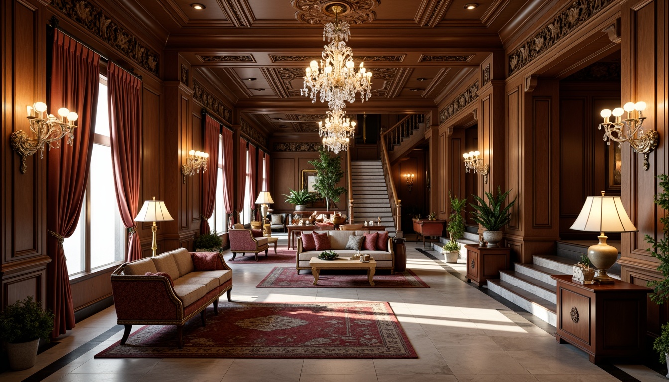 Prompt: Luxurious classical mansion, intricately carved wooden furnishings, velvet drapes, ornate chandeliers, marble floors, lavish upholstery, rich brocade fabrics, subtle sheen, golden accents, majestic columns, grand staircases, opulent crystal fixtures, warm ambient lighting, soft focus, shallow depth of field, 1/2 composition, elegant proportions, refined ornamentation, sophisticated color palette.