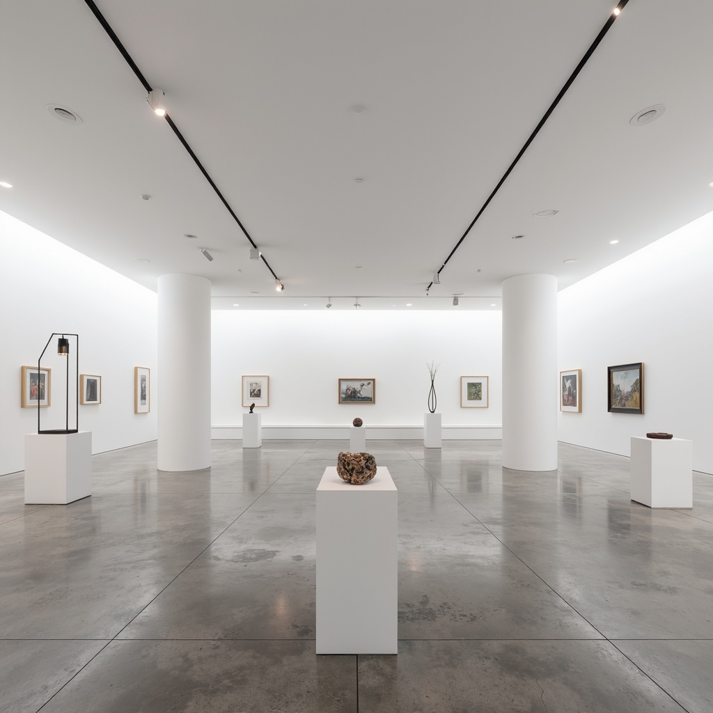 Prompt: White cube-shaped gallery, polished concrete floors, minimalist exhibits, sleek metal frames, spotless glass surfaces, neutral color palette, soft diffused lighting, high ceilings, open spaces, modern art pieces, geometric sculptures, abstract paintings, empty walls, subtle shadows, shallow depth of field, 1/1 composition, panoramic view, realistic textures, ambient occlusion.