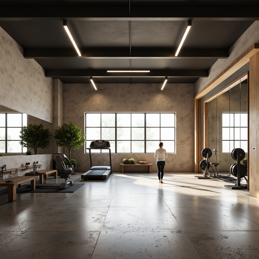 Prompt: Monochromatic gym interior, clean lines, minimalist decor, industrial metal beams, polished concrete floors, subtle LED lighting, sleek fitness equipment, mirrored walls, floor-to-ceiling windows, natural light pouring in, calm atmosphere, soft warm tones, beige and gray color scheme, wooden accents, modern sporty feel, shallow depth of field, 1/1 composition, realistic textures, ambient occlusion.