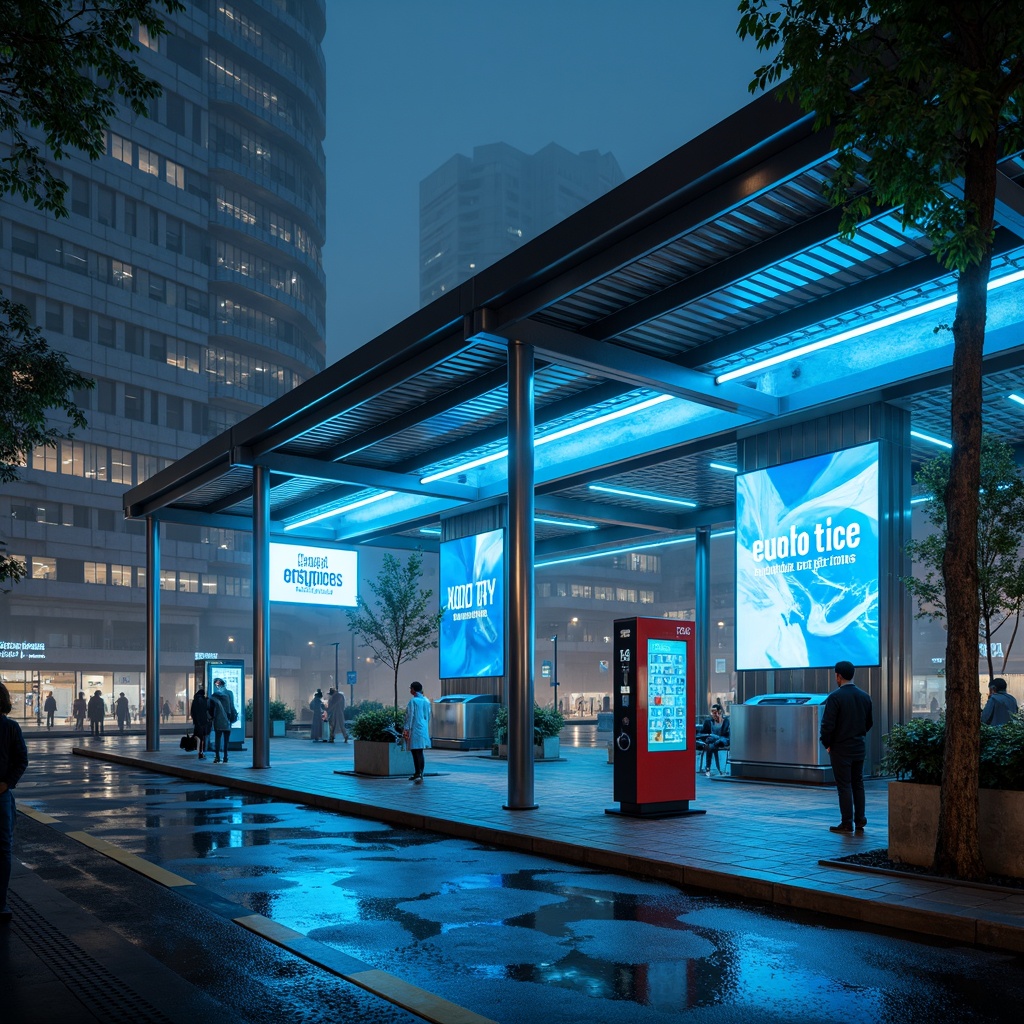 Prompt: Futuristic bus station, neon-lit canopy, sleek metallic columns, LED strip lighting, holographic advertisements, iridescent glass fa\u00e7ade, angular architecture, cantilevered roofs, electric vehicle charging stations, futuristic font signage, glowing blue accents, high-contrast color scheme, misty atmospheric effects, shallow depth of field, 3/4 composition, panoramic view, realistic reflections, ambient occlusion.