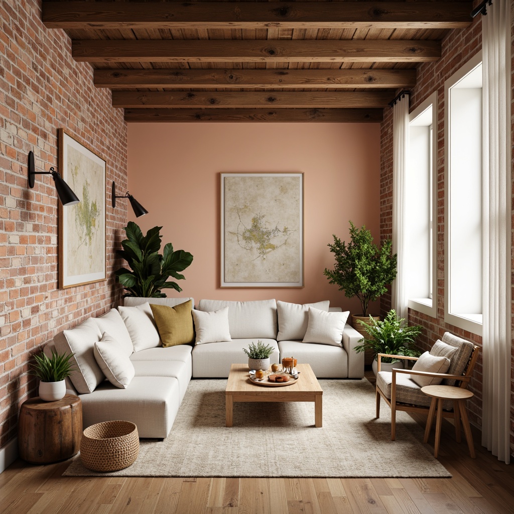 Prompt: Cozy loft, exposed brick walls, wooden beams, peach-colored accent walls, soft pastel hues, creamy whites, warm beige tones, plush area rugs, comfortable sectional sofas, natural linen fabrics, woven baskets, industrial metal lighting, reclaimed wood coffee tables, lush green plants, airy open spaces, minimalist decor, soft box lighting, shallow depth of field, 1/1 composition, realistic textures, ambient occlusion.