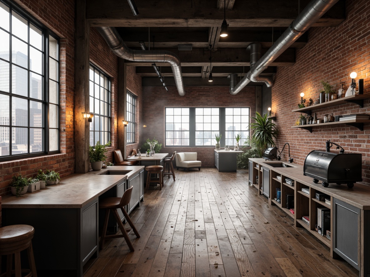 Prompt: Exposed brick walls, industrial chic decor, reclaimed wooden floors, metal beams, urban loft atmosphere, functional lighting fixtures, concrete countertops, rustic metal furniture, vintage manufacturing equipment, distressed finishes, urban cityscape views, large factory windows, minimalist color palette, natural textures, atmospheric misty lighting, shallow depth of field, 2/3 composition, realistic renderings, ambient occlusion.