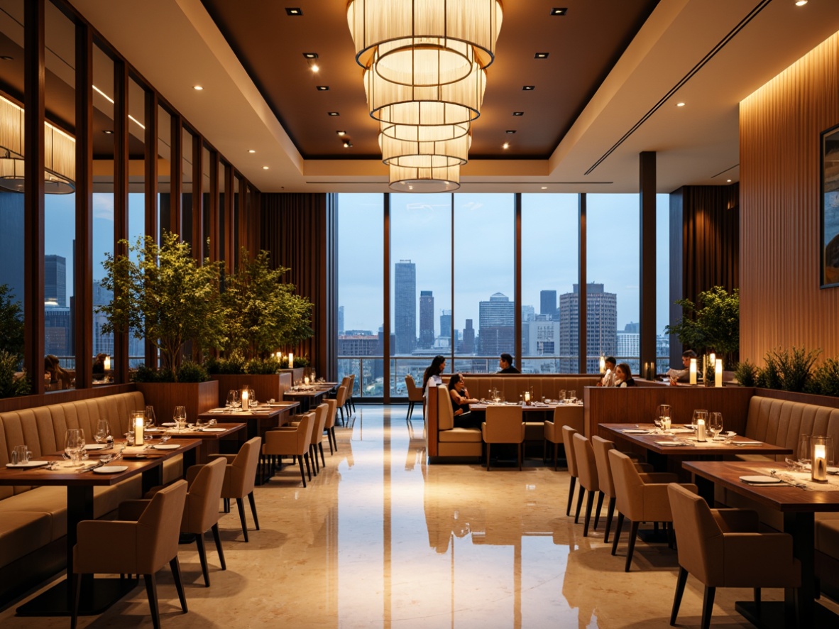 Prompt: Elegant dining hall, modern chandeliers, sleek pendant lights, minimalist ceiling fixtures, warm white lighting, cozy ambiance, luxurious banquettes, rich wood accents, creamy marble floors, floor-to-ceiling windows, panoramic views, urban skyline backdrop, sophisticated furnishings, refined table settings, ornate mirrors, metallic decorative accents, atmospheric shading, 1/1 composition, shallow depth of field.