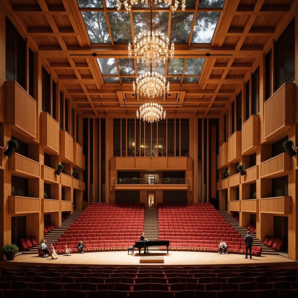 Prompt: Elegant concert hall, wooden acoustic panels, sound-absorbing materials, intimate stage settings, grand pianos, string instruments, vintage music equipment, ornate chandeliers, rich wood tones, plush red velvet seats, detailed moldings, high ceilings, natural light filtering, soft warm glow, shallow depth of field, 1/1 composition, realistic textures, ambient occlusion.