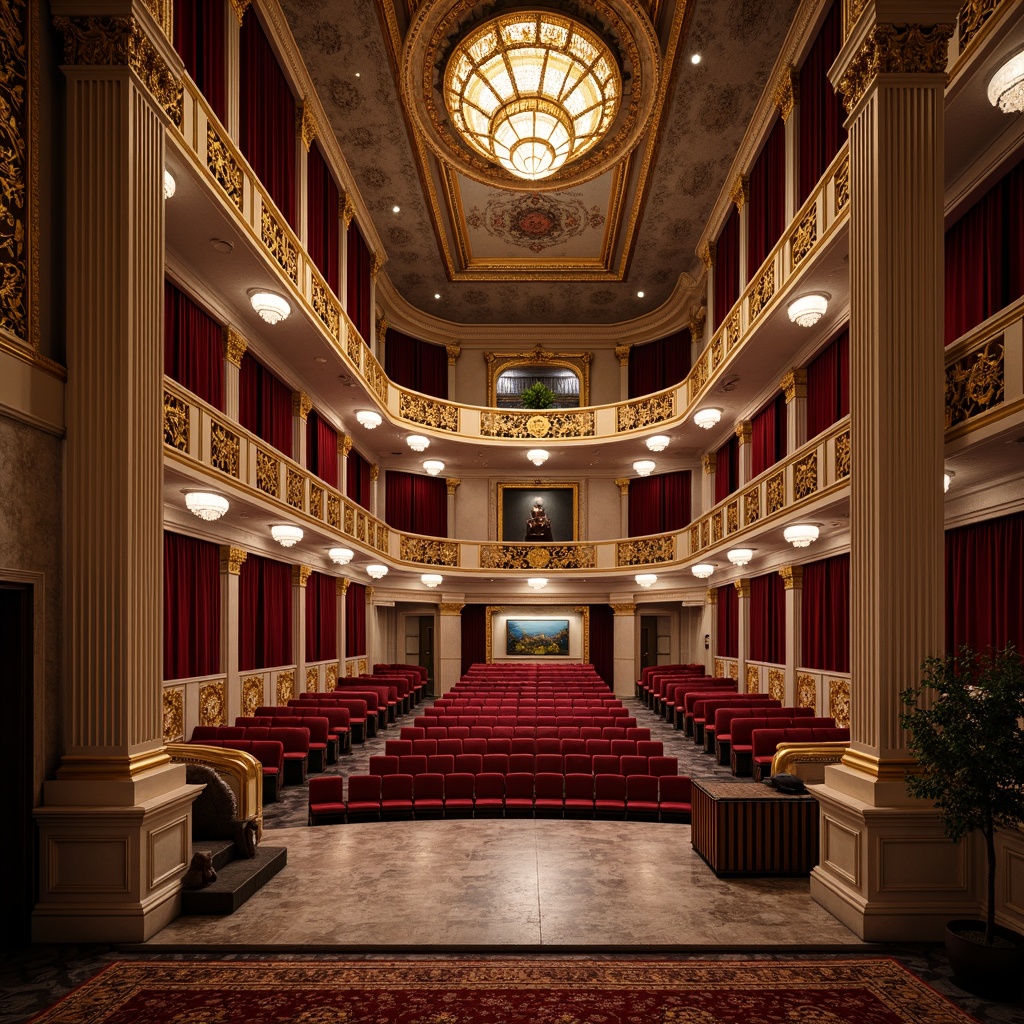 Prompt: \Opulent theater interior, neoclassical style, grandiose columns, ornate moldings, intricate carvings, velvet drapes, gilded frames, majestic chandeliers, richly patterned rugs, marble floors, stately balconies, red velvet seats, gold leaf accents, dramatic spotlights, warm soft lighting, 1/1 composition, symmetrical layout, realistic textures, ambient occlusion.\