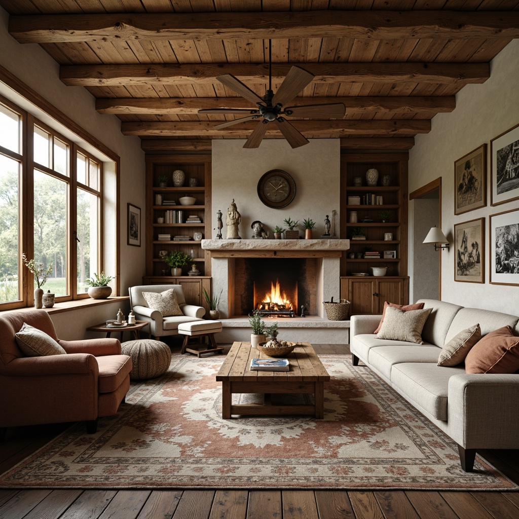 Prompt: Rustic farmhouse living room, vintage wooden furniture, distressed finishes, natural fabrics, plush cushions, earthy color palette, stone fireplace, wooden beams, country-inspired decor, antique accessories, soft warm lighting, shallow depth of field, 3/4 composition, realistic textures, ambient occlusion.