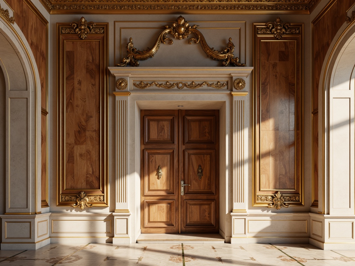 Prompt: Ornate wall paneling, rich wood tones, gilded accents, cream-colored marble, intricate moldings, subtle texture, soft warm lighting, classic columns, ornamental ceiling details, elegant archways, refined stucco finishes, sophisticated neutral colors, subtle sheen, 1/1 composition, shallow depth of field, realistic textures, ambient occlusion.