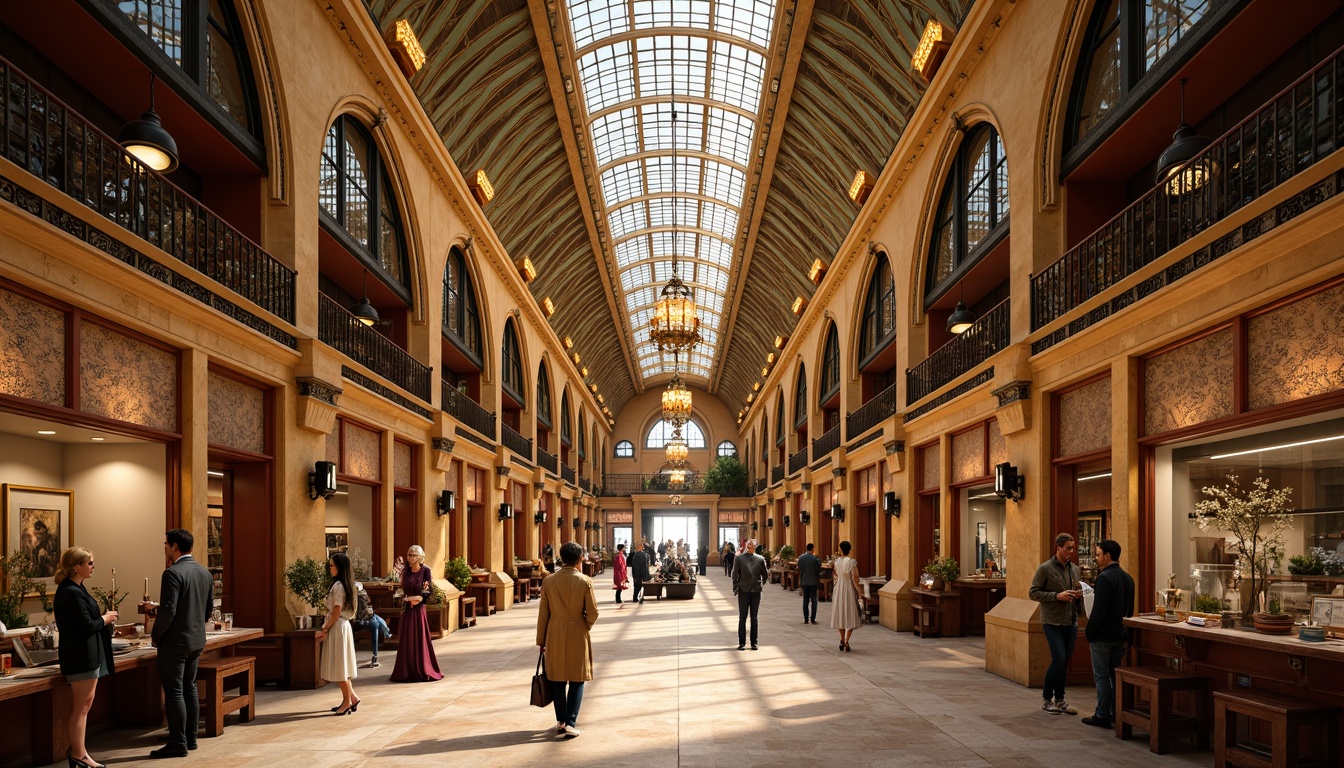 Prompt: Grand market hall, ornate Art Nouveau details, flowing organic lines, warm golden lighting, soft pastel hues, intricate metalwork, stained glass ceilings, ornamental lanterns, luxurious fabrics, velvet drapes, marble floors, elegant chandeliers, subtle gradient effects, warm color temperature, high contrast ratio, dramatic shadows, 1/1 composition, realistic reflections, ambient occlusion.