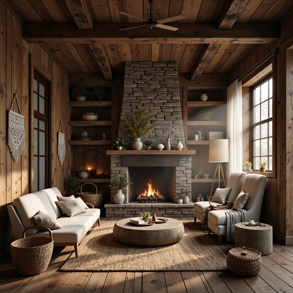 Prompt: Cozy cabin, wooden accents, stone fireplace, woven baskets, vintage furniture, distressed wood, earthy tones, natural fibers, jute rugs, linen upholstery, cotton lace, macrame wall hangings, warm soft lighting, rustic metal fixtures, nature-inspired patterns, organic textures, autumnal colors, forest surroundings, misty morning, shallow depth of field, 1/1 composition.