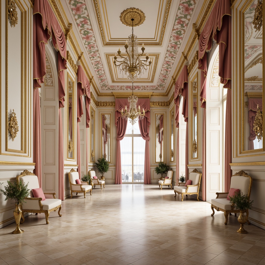 Prompt: Elegant Rococo palace, ornate gold accents, soft cream walls, rich velvet fabrics, delicate lace trimmings, pastel pink hues, pale blue undertones, warm beige marble floors, intricate floral patterns, ornamental mirrors, crystal chandeliers, lavish furnishings, subtle gradient effects, atmospheric misty lighting, shallow depth of field, 1/1 composition, symmetrical balance, luxurious textures, ornate details, refined color harmony.